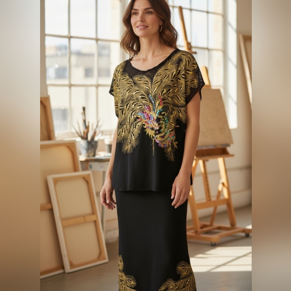 Vintage Elegant Black and Gold Women's Skirt Set